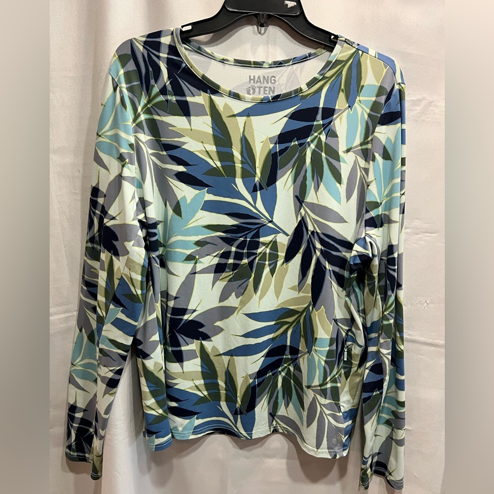 Hang Ten Women's Leaf Print Swim Top - Blue and Green